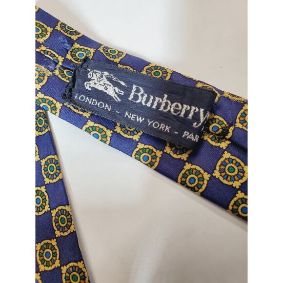 VTG Burberry‎ Designer Pure Silk Tie Blue Print Mens Necktie Luxury Burberry's - Picture 2 of 6